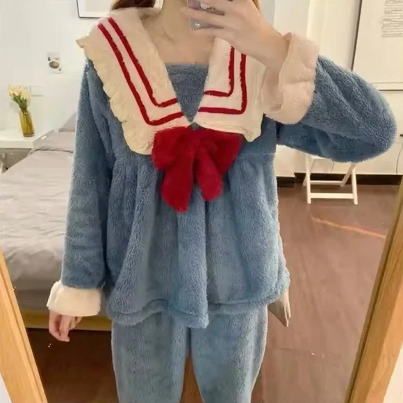 New Pajama Sets Women Sweet Japan Style Lounge Kawaii Sleepwear Flannel - Picture 5 of 8